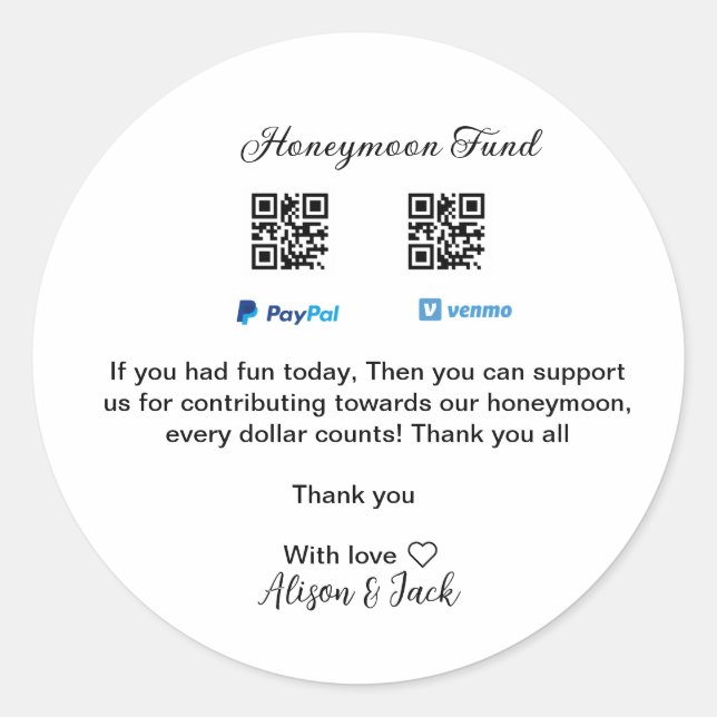 Honeymoon fund venomo paypal donation Q R couple Classic Round Sticker (Front)