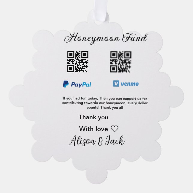 Honeymoon fund venomo paypal donation Q R couple Ornament Card (Front)