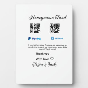 Honeymoon fund venomo paypal donation Q R couple Plaque