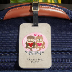 Honeymoon Otters Cute Hearts Couple Luggage Tag