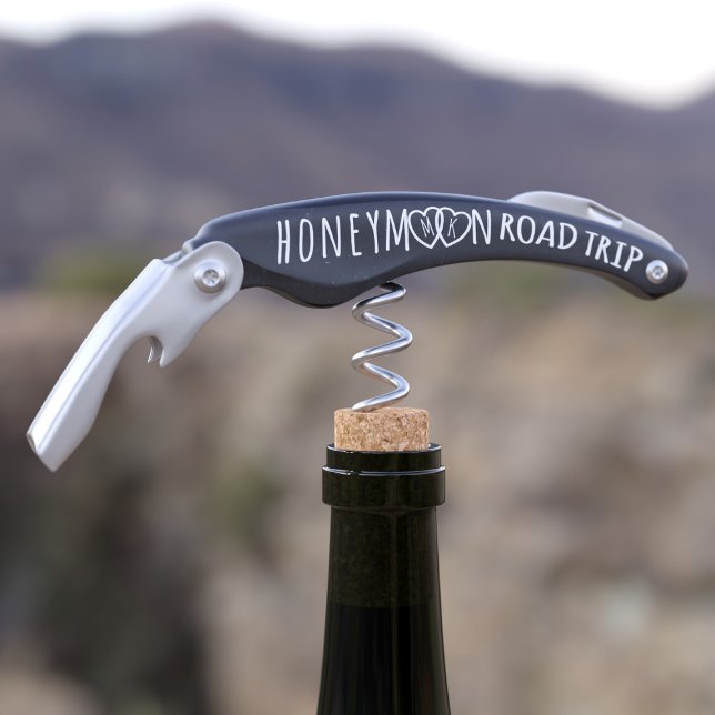 Honeymoon Road Trip Heart Monogram Black Corkscrew (Off on your honeymoon road trip adventure of a lifetime? You'll need a corkscrew! Add your initials)