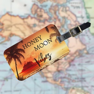 Honeymoon vibes tropical sunset beach moon luggage tag