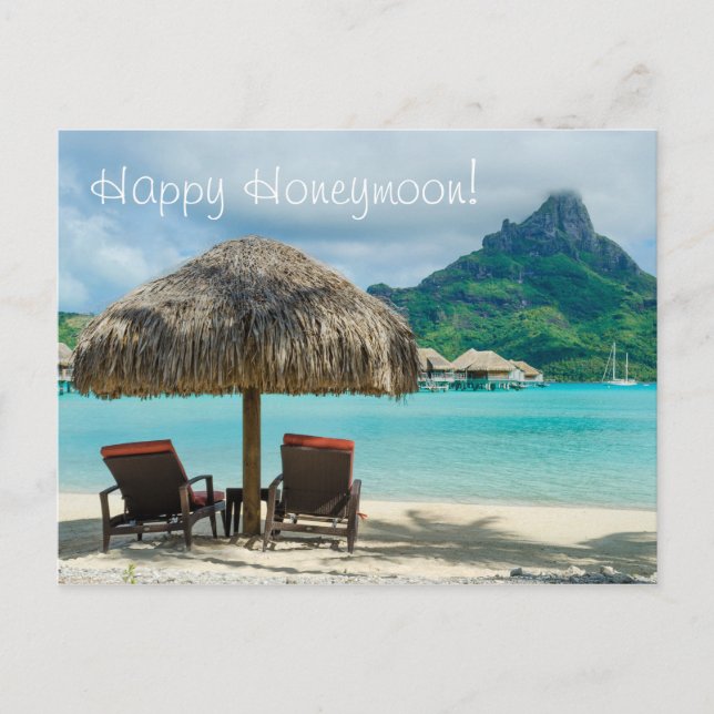 Honeymoon wish card with beach and two sunloungers (Front)