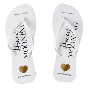 Honeymooning Black and White with Name and Dates Flip Flops