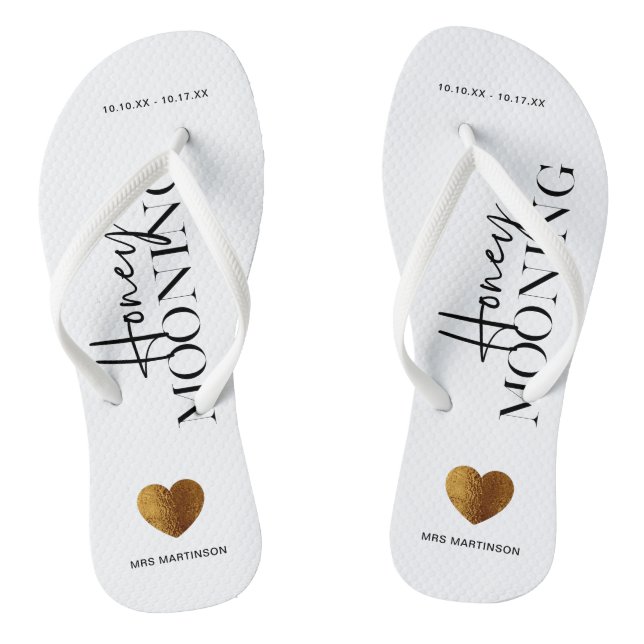 Honeymooning Black and White with Name and Dates Flip Flops (Footbed)