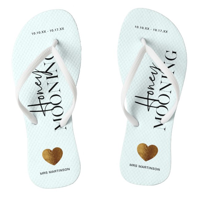 Honeymooning Blue and White with Name and Dates Flip Flops (Footbed)