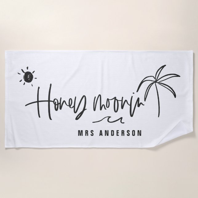 Honeymooning palm tree wedding gift beach towel (Front)