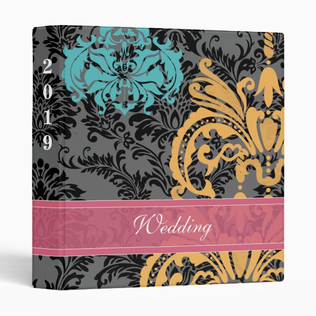 Honeysuckle and Blue Curacao Damask Wedding Binder (Front/Spine)
