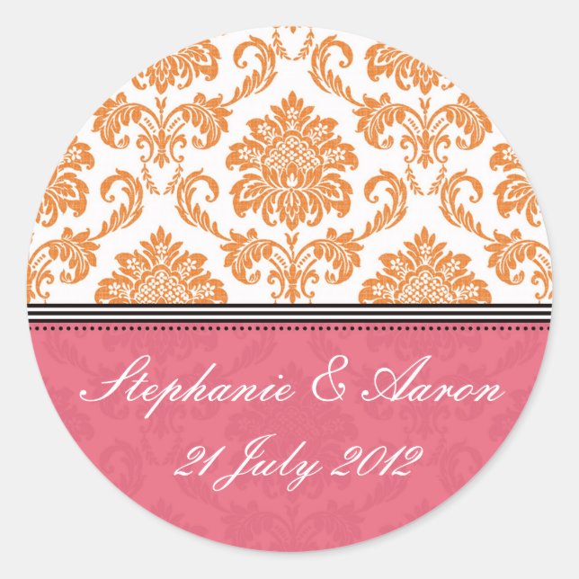 Honeysuckle and Tangerine Damask Wedding Sticker (Front)