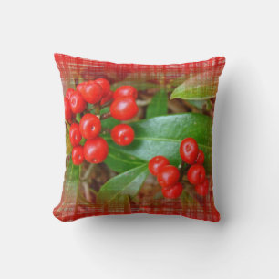 Honeysuckle Berries on Cotton Cloth - Red & Green Throw Pillow