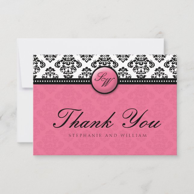 Honeysuckle Damask Monogram Wedding Thank You Card (Front)