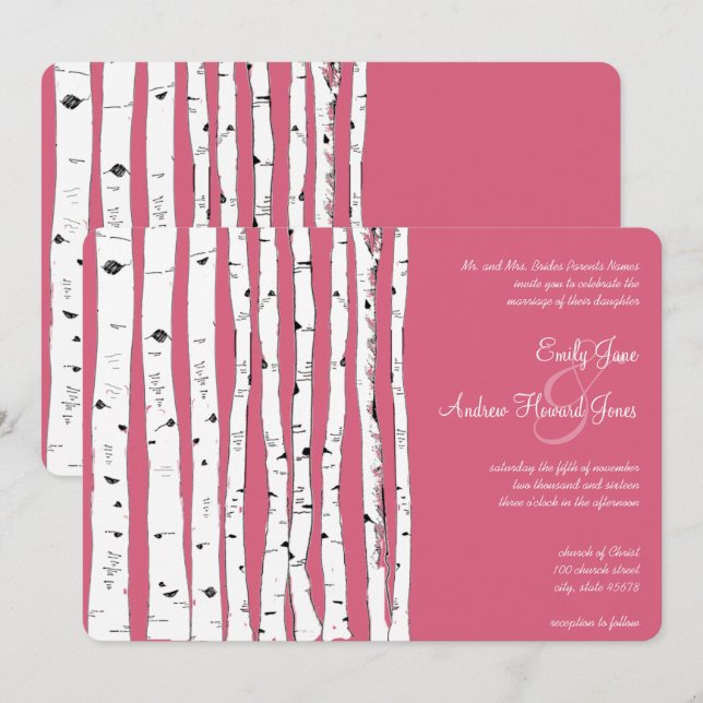Honeysuckle Pink Birch Tree Invitations de mariage (Devant / Derrière)