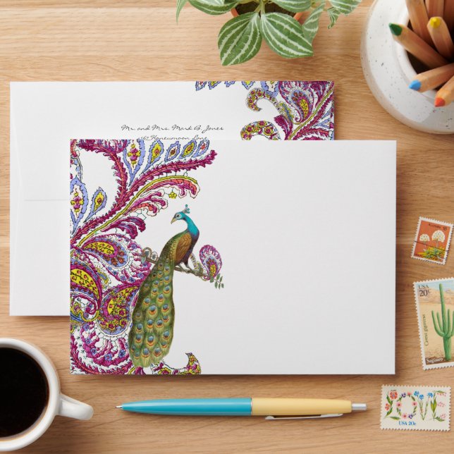 Honeysuckle Pink Vintage Peacock Wedding Envelopes (Desk)