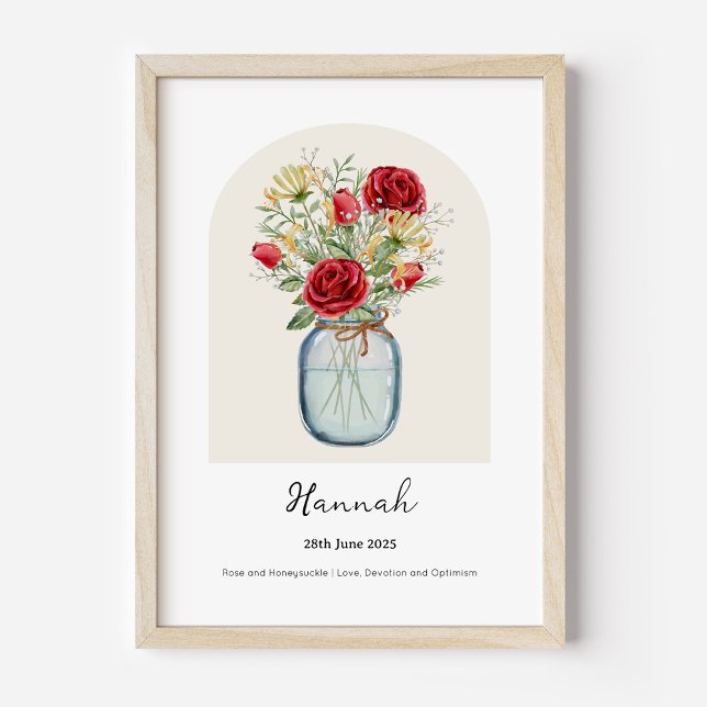 Honeysuckle Rose Birth Month Flower Poster (Personalised June Birth Month Flower Bouquet in Vase Poster | Rose and Honeysuckle.)