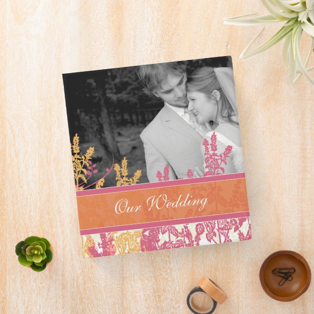 Honeysuckle Terracotta Coral Yellow Damask Wedding Binder (In Situ)