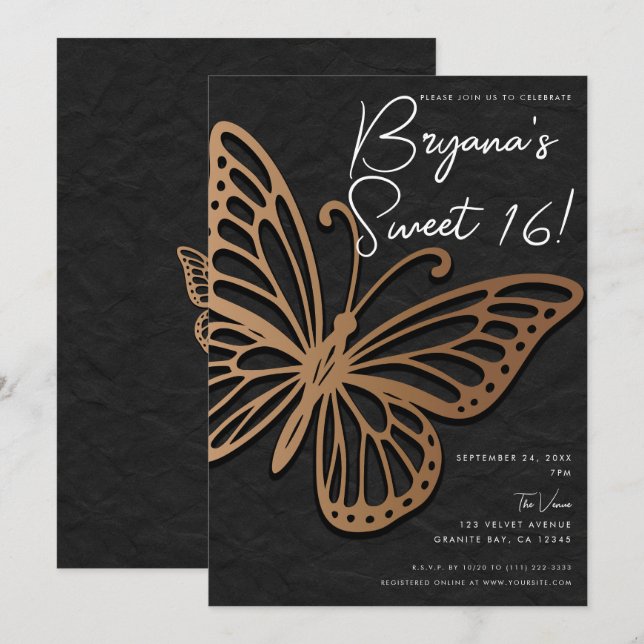 Honeywind Brown Black Boho Butterfly Sweet 16  Invitation (Front/Back)