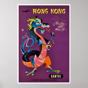 Hong Kong Art Qantas Travel Poster Chinese Dragon