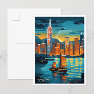 Hong Kong Art Vintage Travel Illustration Postcard