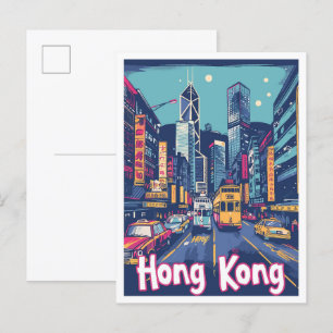 Hong Kong China Vintage Travel Illustration Postcard