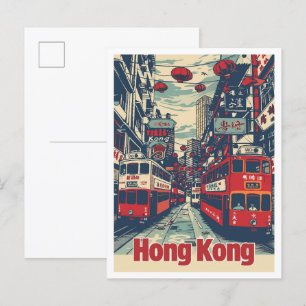 Hong Kong China Vintage Travel Illustration Postcard