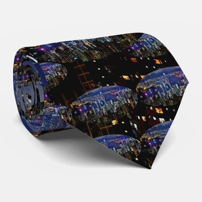Hong Kong City Skyline Lights at Night Tie (Rolled)