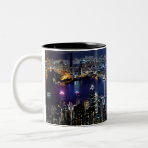 Hong Kong City Skyline Lights at Night Two-Tone Coffee Mug