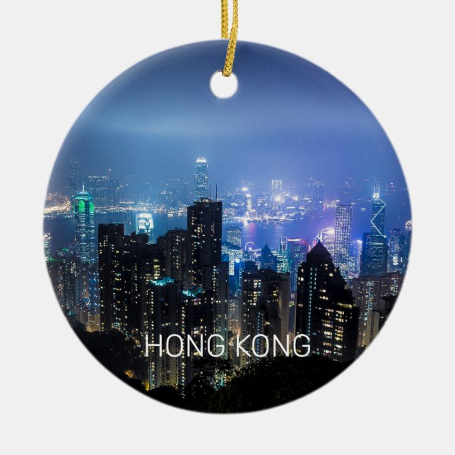Hong Kong Island Skyline Panorama Night Souvenir Ceramic Ornament (Front)