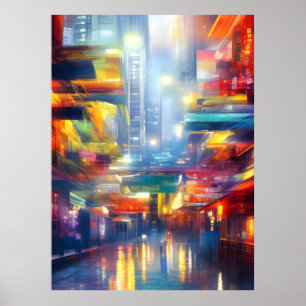 Hong Kong Neon Lights Colourful Cityscape Poster