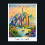Hong Kong personalized Save the Date  Postcard<br><div class="desc">Celebrate your love with this watercolor Save the Date card from Hong Kong, China. This retro-vintage trip design perfectly portrays the city's skyline and lively appeal, making it ideal for destination weddings. Completely customized with your names, date, and other information, it's a classic memento for visitors and a fantastic way...</div>
