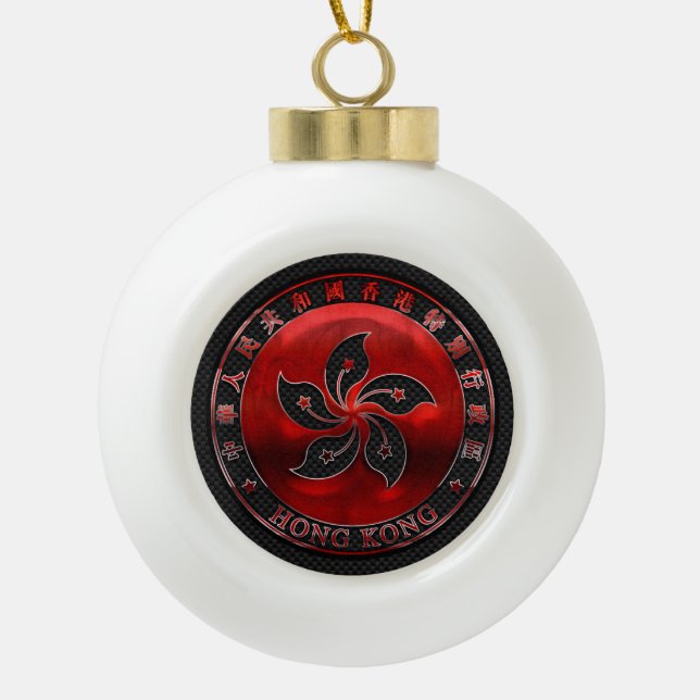 Hong Kong Ruby Medallion on Carbon Fibre Print Ceramic Ball Christmas Ornament (Front)
