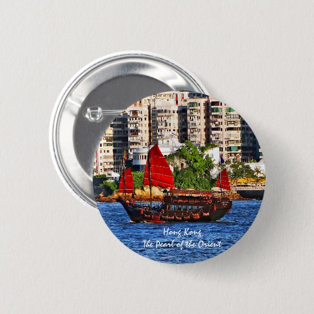 Hong Kong Sampan The Pearl of the Orient 2 Inch Round Button (Front & Back)
