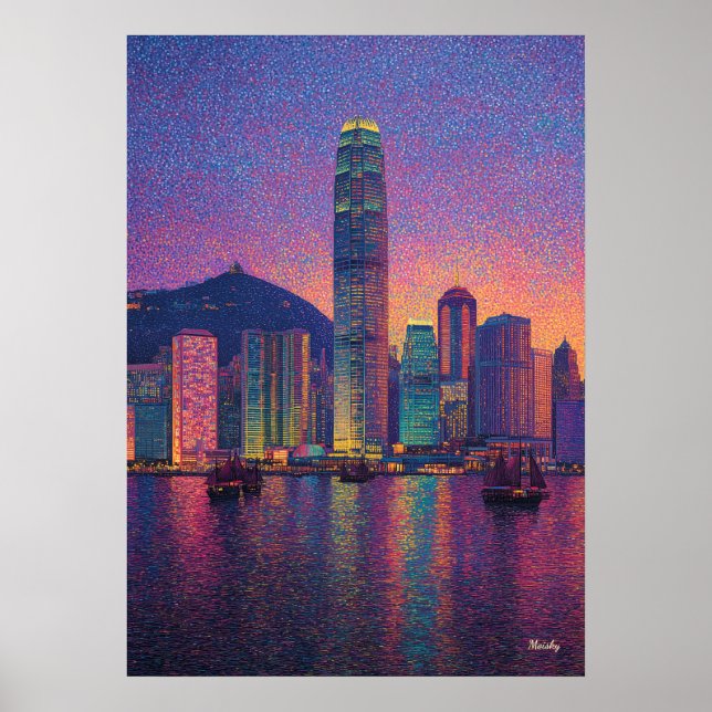 Hong Kong Skyline Pointillism Sunset Cityscape Poster (Front)