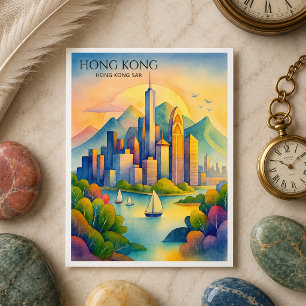 Hong Kong Skyline Watercolor Postcard Travel Gif