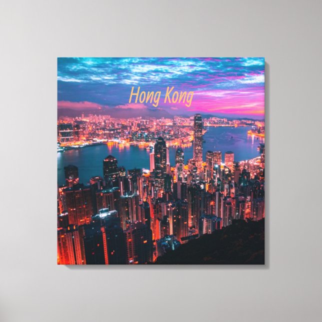 Hong Kong Skyscraper Skyline Night Lights Canvas Print (Front)
