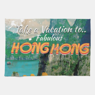Hong Kong Vintage Travel Poster Kitchen Towel