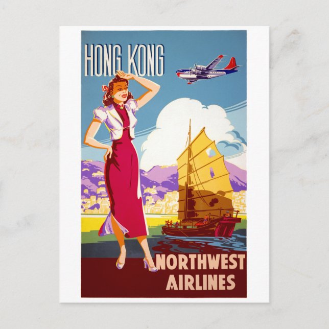Hong Kong Vintage Travel Poster Restored Postcard (Front)