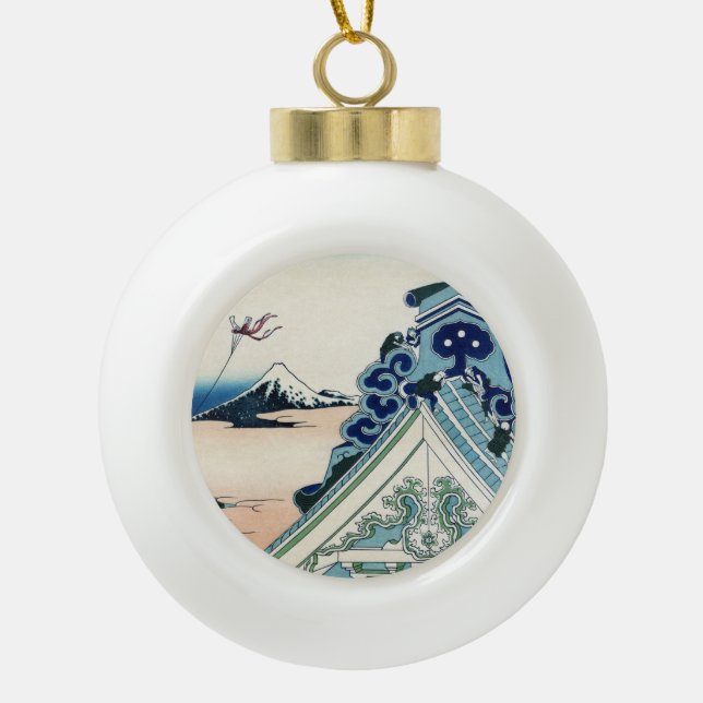 Honganji Temple Vista of Mt. Fuji Japanese Woodcut Ceramic Ball Christmas Ornament (Front)
