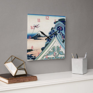 Honganji Temple Vista of Mt. Fuji Japanese Woodcut Square Wall Clock