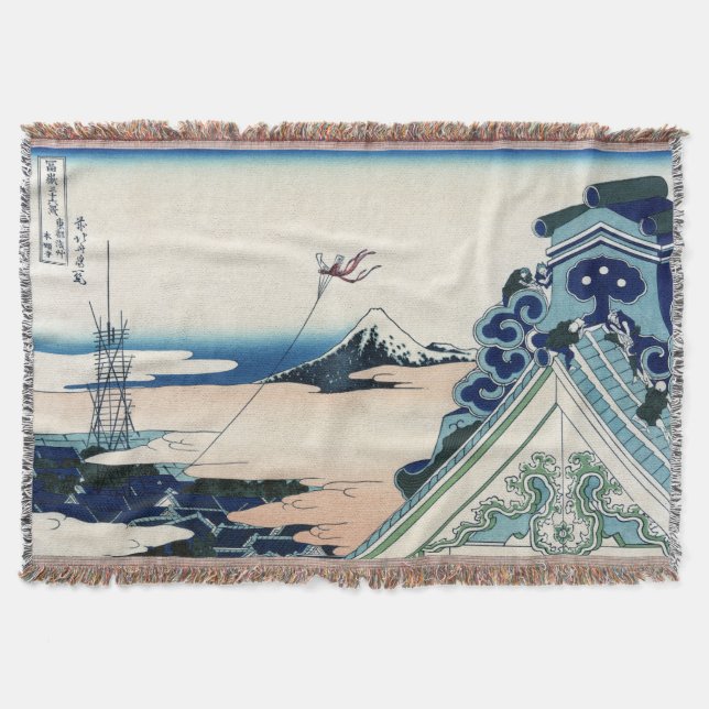 Honganji Temple Vista of Mt. Fuji Japanese Woodcut Throw Blanket (Front)