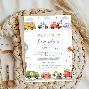 Honk Beep Choo Choo Trucks Cars Birthday Invitation
