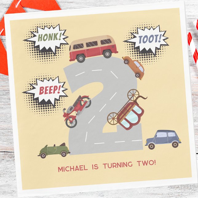 Honk beep toot retro on the road second birthday napkin (Creator Uploaded)