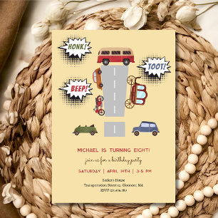 Honk beep toot retro vehicles boy birthday invitation
