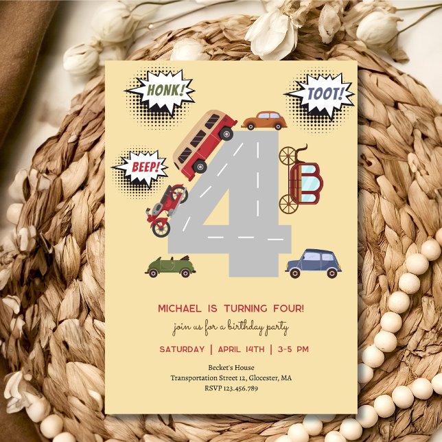 Honk beep toot retro vehicles forth boy birthday invitation (Creator Uploaded)