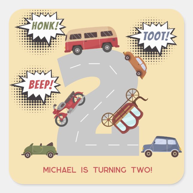 Honk beep toot retro vehicles second boy birthday square sticker (Front)