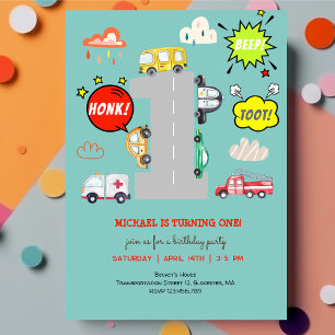 Honk beep toot vehicles first boy birthday invitation