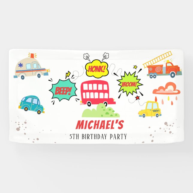 Honk beep vroom happy vehicles boy birthday banner (Horizontal)