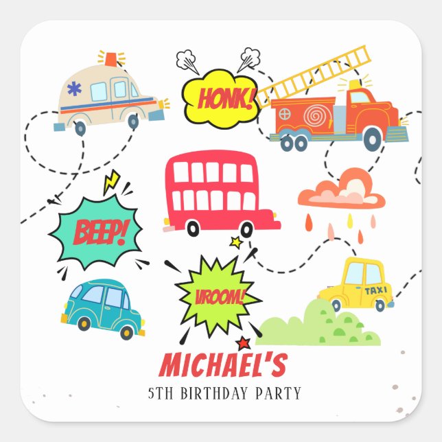 Honk beep vroom happy vehicles boy birthday square sticker (Front)