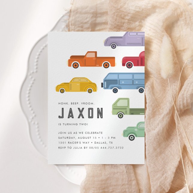 Honk Beep Vroom Kids Car Birthday Party Invitation (Modern, bright & fun colors for kids!)