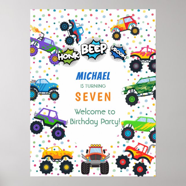 Honk beep vroom monster truck boy birthday welcome poster (Front)