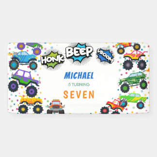Honk beep vroom monster trucks boy birthday banner